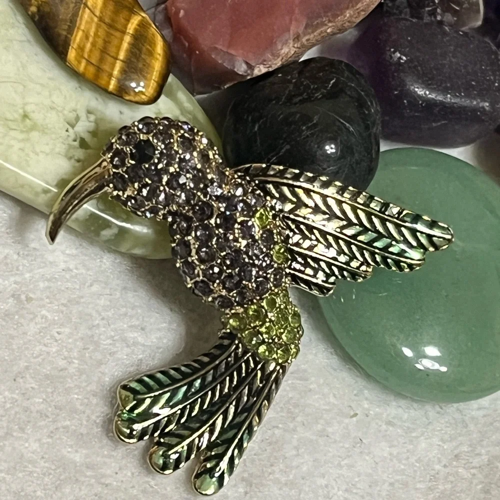 Hummingbird Enamel Rhinestone Brooch - Picture 6 of 12